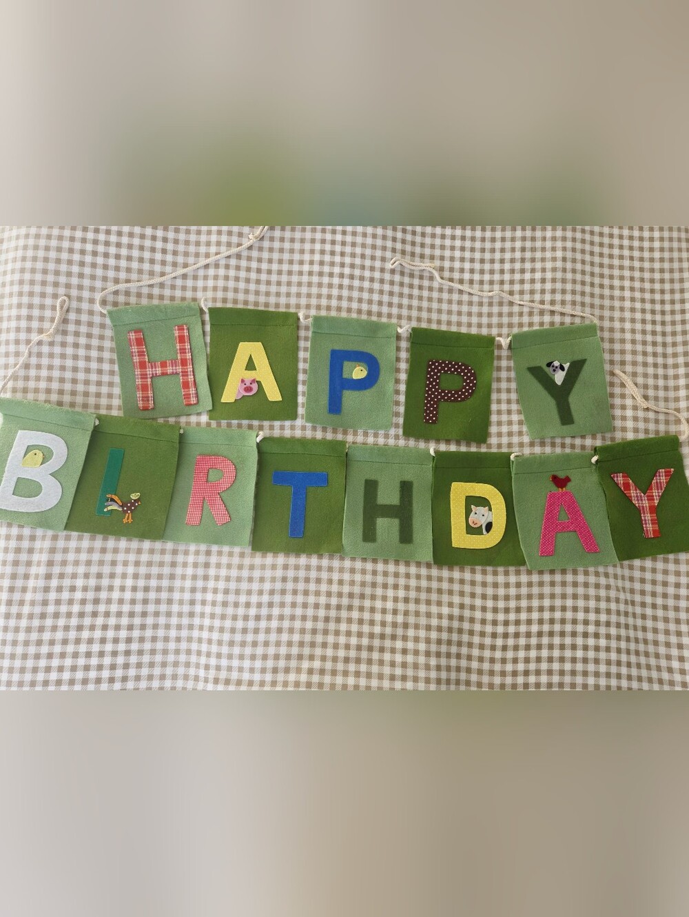 Pottery Barn Kids "Farm Party" Green Felt Birthday Banner With Plaids & Color - Picture 6 of 6